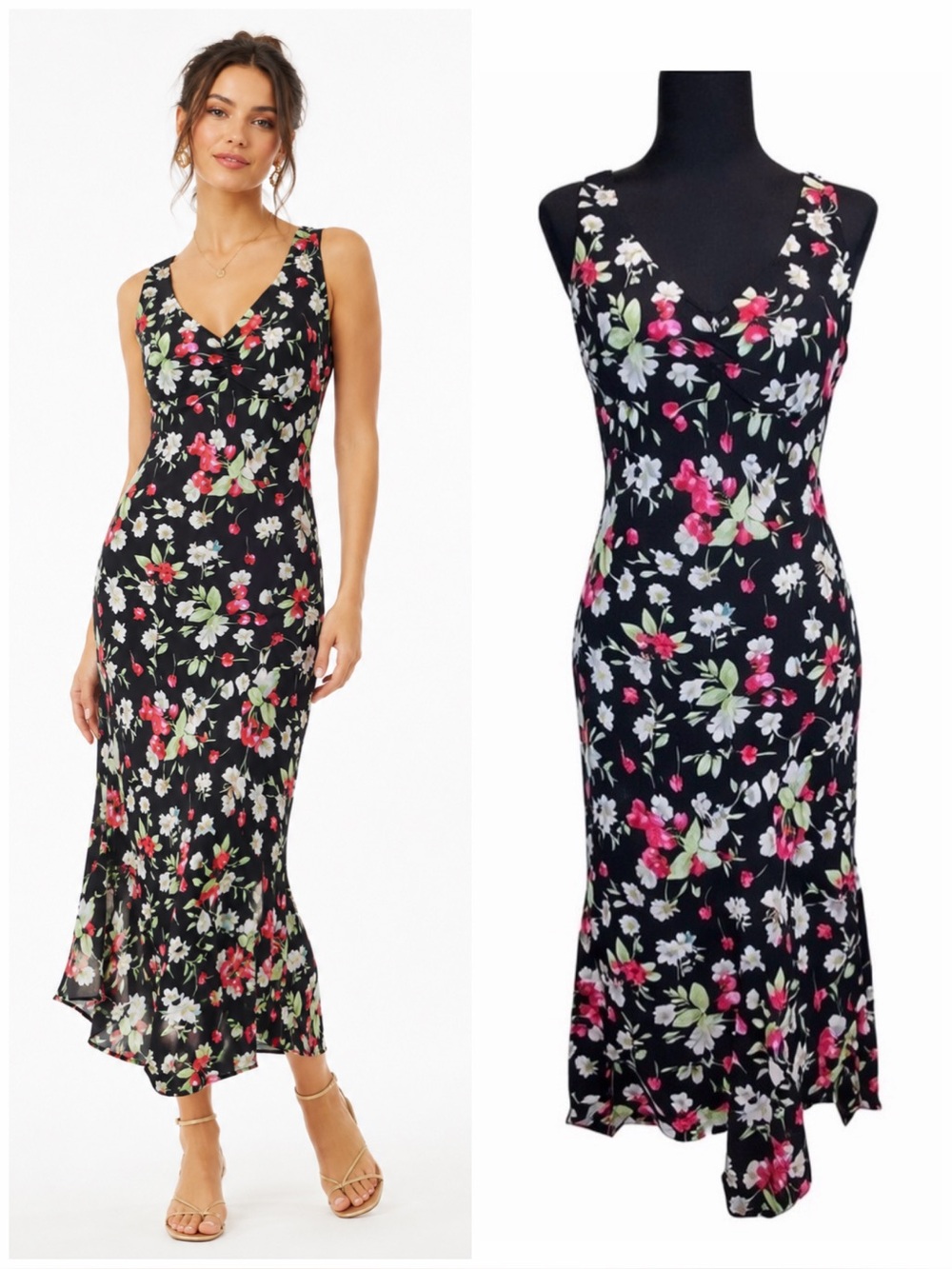 Vintage 90s Floral Slip Dress Small Handkerchief Hem Cherry Print Soft Grunge